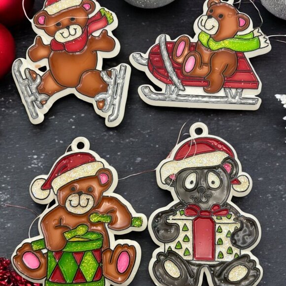 Vintage Bear Christmas Ornaments Set of 4 Skating Sledding Drummer - Picture 1 of 7
